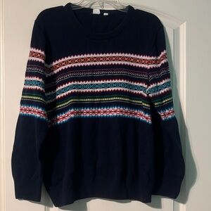 GAP Women's Navy Multicolor Christmas Holiday Crew Neck Detailed Sweater